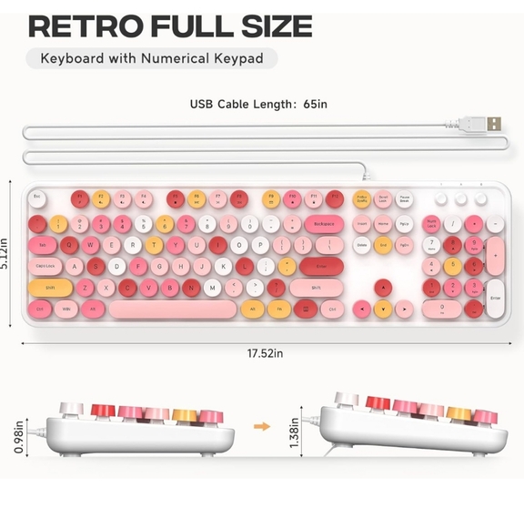 Computer Keyboard Wired, Plug and Play USB Retro Round Typewriter Keyboard, Full - Picture 7 of 7